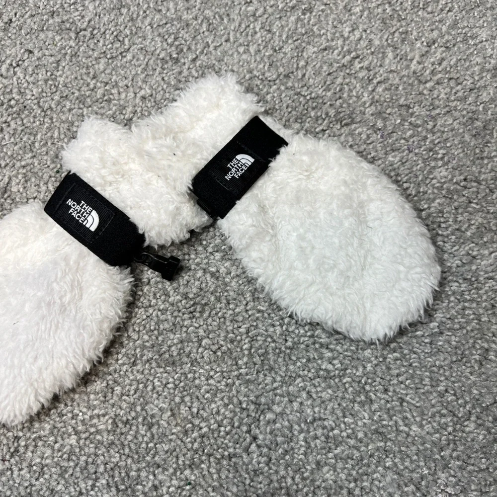 The North Face Youth M Mittens Fleece White Black Logo oso‎ outdoor winter